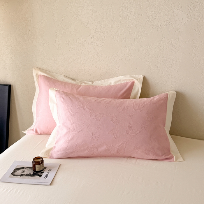 91家纺网 家纺一手货源 找家纺 若未家居 LOVEWE HOUSE 2025新款50S色织空气层水洗大提花全棉四件套 梦蝶-仙桃粉