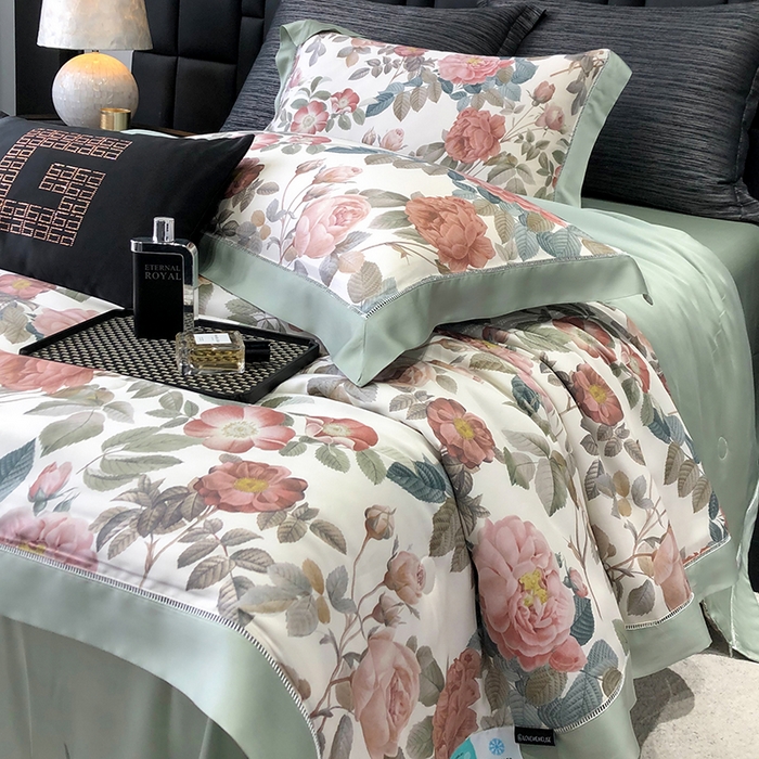 91家纺网 家纺一手货源 找家纺 若未家居 LOVEWE HOUSE 2025新款兰精天丝印花夏被及夏被四件套 玫瑰冰酿（床单款+床盖款）