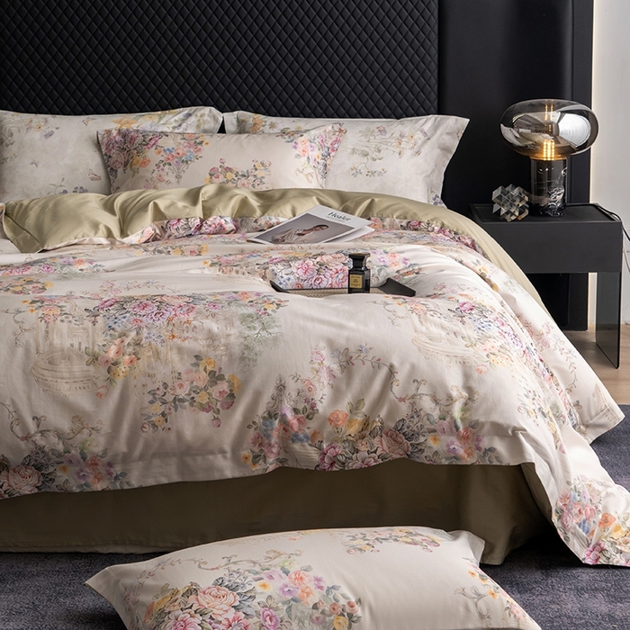 91家纺网 家纺一手货源 找家纺 皇寝世家家居 2025新款60S新疆长绒棉数码印花全棉床上四件套纯棉床品套件 花城-绿