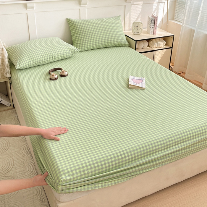 91家纺网 家纺一手货源 找家纺 2025新款全棉水洗棉套件-单床笠 艾莎绿小格