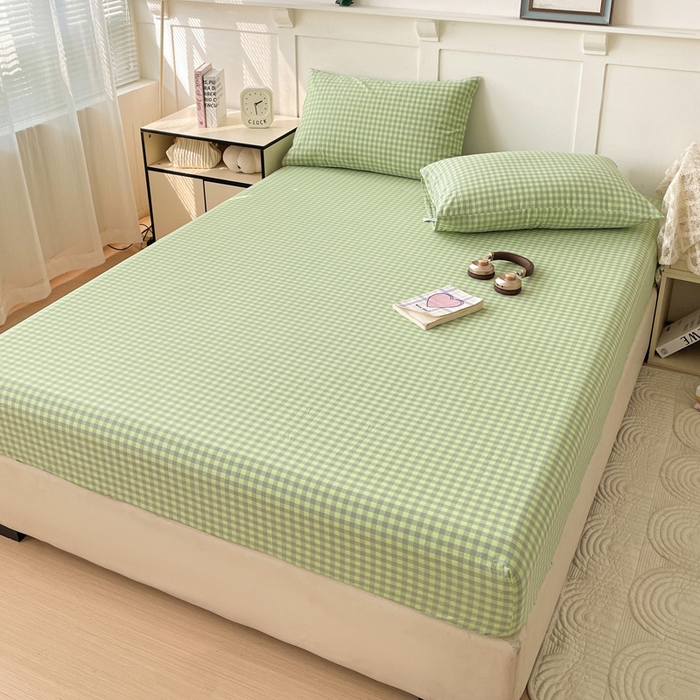 91家纺网 家纺一手货源 找家纺 2025新款全棉水洗棉套件-单床笠 艾莎绿小格