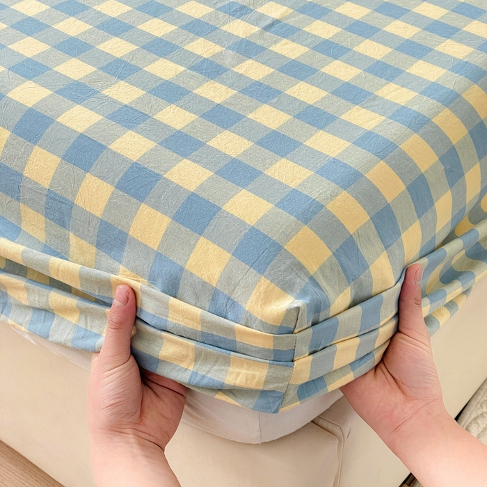 91家纺网 家纺一手货源 找家纺 2025新款全棉水洗棉套件-单床笠 蓝黄三分格