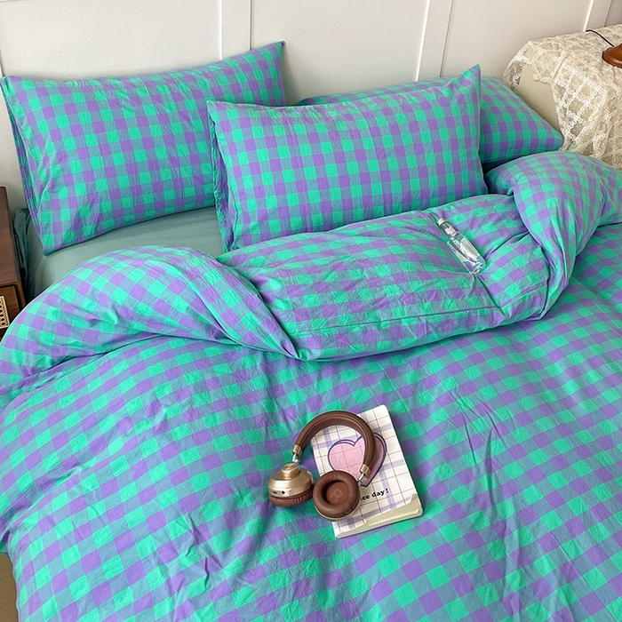 91家纺网 家纺一手货源 找家纺 大柏树 2025新款全棉水洗棉套件-床单四件套 绿紫中格