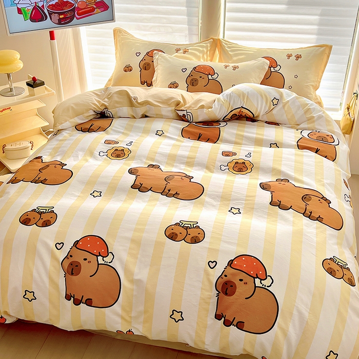 91家纺网 家纺一手货源 找家纺 2025新款原创设计卡皮巴拉全棉四件套-有作品登记证书 条纹巴拉