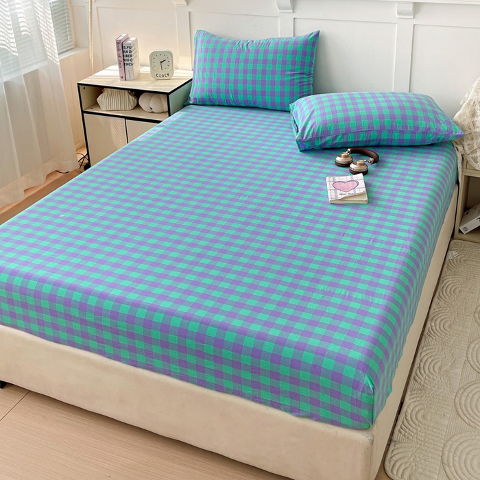 91家纺网 家纺一手货源 找家纺 2025新款全棉水洗棉套件-单床笠 绿紫中格