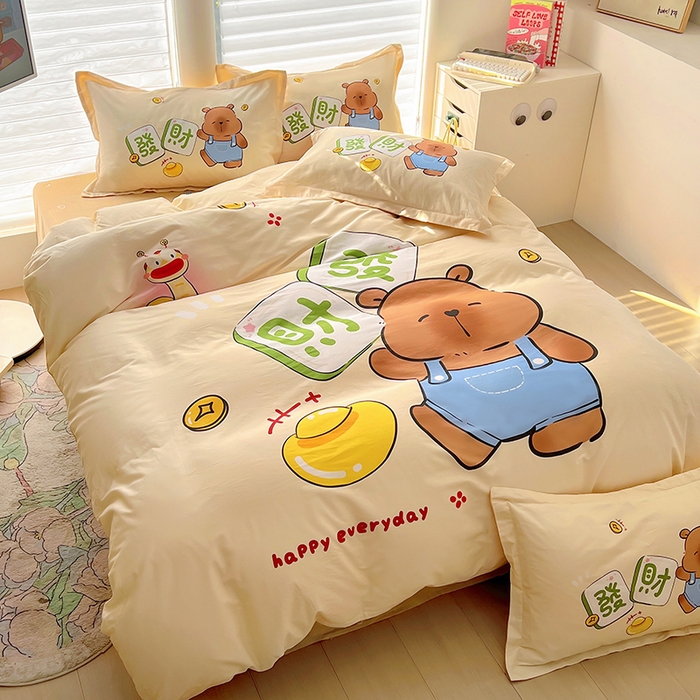 91家纺网 家纺一手货源 找家纺 2025新款原创设计卡皮巴拉全棉四件套-有作品登记证书 发财巴拉