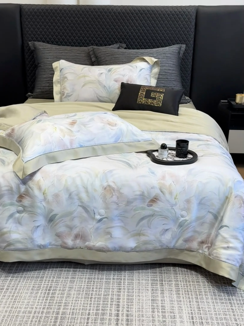 91家纺网 家纺一手货源 找家纺 若未家居 LOVEWE HOUSE 2025新款兰精天丝印花夏被及夏被四件套 粉墨华羽（床单款+床盖款）