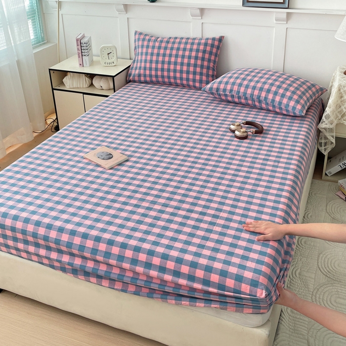 91家纺网 家纺一手货源 找家纺 2025新款全棉水洗棉套件-单床笠 粉灰小格