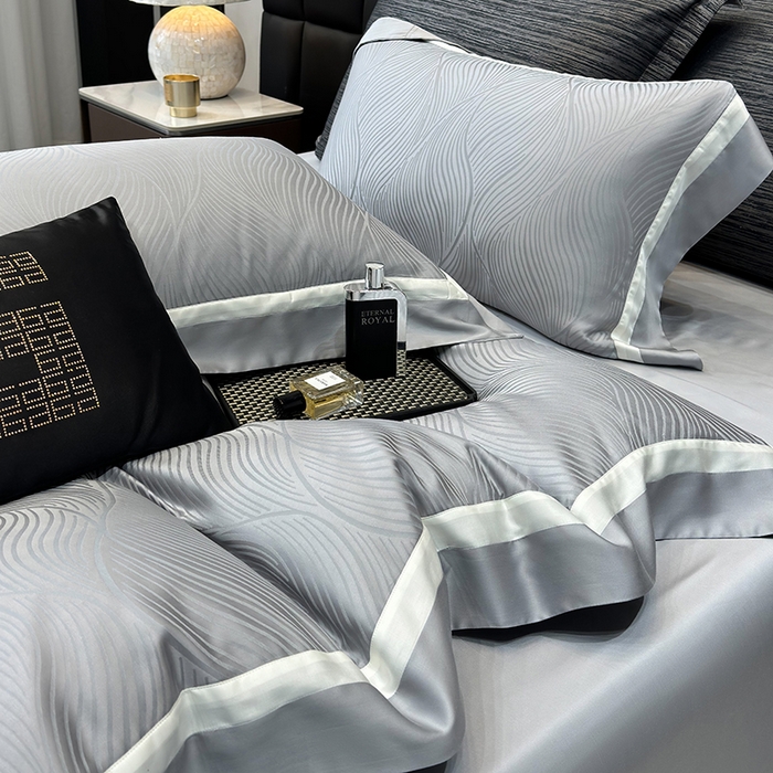 91家纺网 家纺一手货源 找家纺 若未家居 LOVEWE HOUSE 2025新款天丝提花套件撞色轻奢风四件套-天丝布拉格 天丝布拉格 银灰