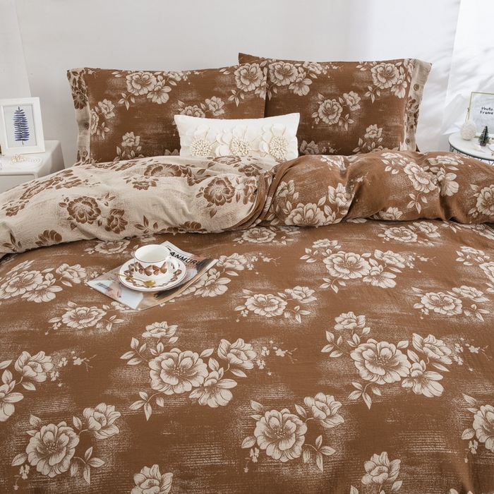 91家纺网 家纺一手货源 找家纺 2025新款全棉色织双层纱纽扣款四件套 云纱-浅咖