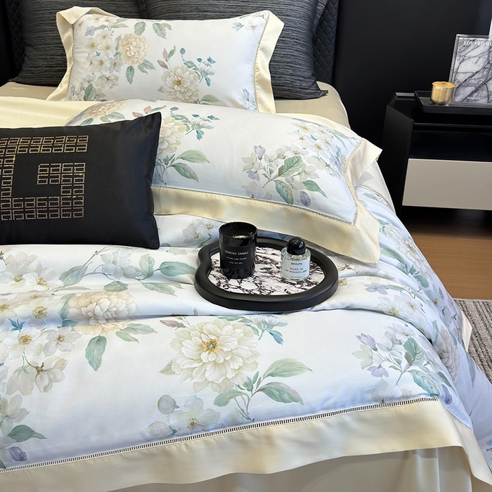 91家纺网 家纺一手货源 找家纺 若未家居 LOVEWE HOUSE 2025新款兰精天丝印花夏被及夏被四件套 白茶（床单款+床盖款）