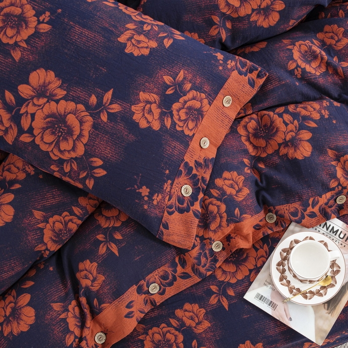 91家纺网 家纺一手货源 找家纺 2025新款全棉色织双层纱纽扣款四件套 云纱-深兰