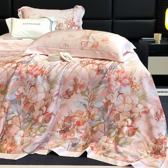 91家纺网 家纺一手货源 找家纺 若未家居 LOVEWE HOUSE 2025新款兰精天丝印花夏被及夏被四件套 花西子 粉（床单款+床盖款）