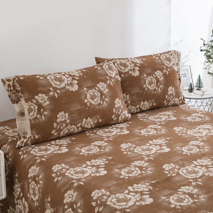 91家纺网 家纺一手货源 找家纺 2025新款全棉色织双层纱纽扣款四件套 云纱-浅咖