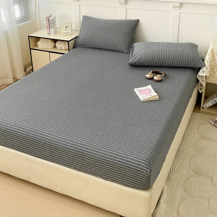 91家纺网 家纺一手货源 找家纺 2025新款全棉水洗棉套件-单床笠 灰细条