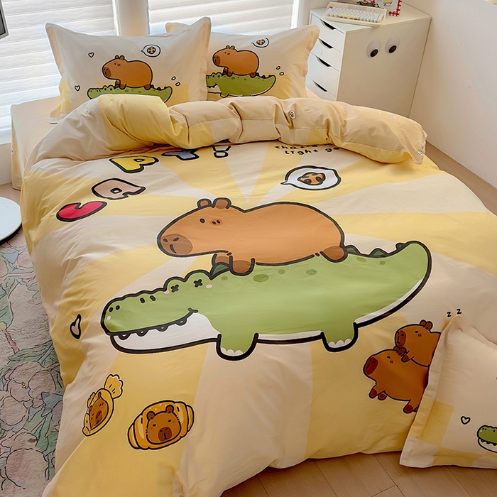 91家纺网 家纺一手货源 找家纺 2025新款原创设计卡皮巴拉全棉四件套-有作品登记证书 趴趴巴拉