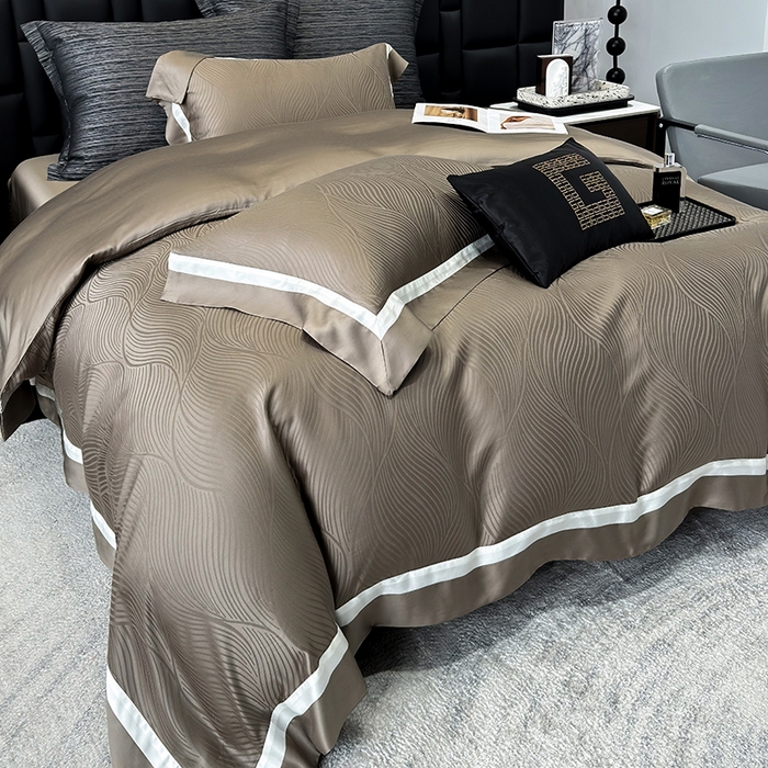 91家纺网 家纺一手货源 找家纺 若未家居 LOVEWE HOUSE 2025新款天丝提花套件撞色轻奢风四件套-天丝布拉格 天丝布拉格 美拉德棕