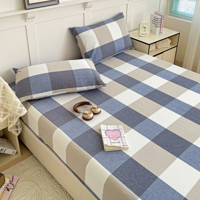 91家纺网 家纺一手货源 找家纺 2025新款全棉水洗棉套件-单床笠 蓝大格