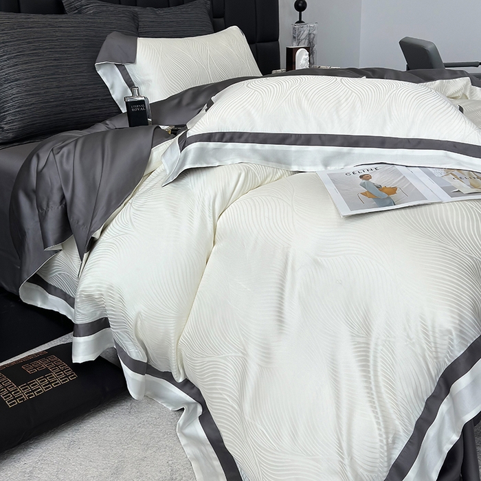 91家纺网 家纺一手货源 找家纺 若未家居 LOVEWE HOUSE 2025新款天丝提花套件撞色轻奢风四件套-天丝布拉格 天丝布拉格 奶昔白