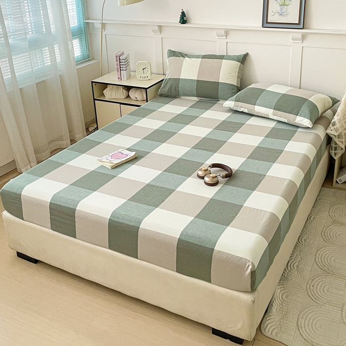 91家纺网 家纺一手货源 找家纺 2025新款全棉水洗棉套件-单床笠 绿大格