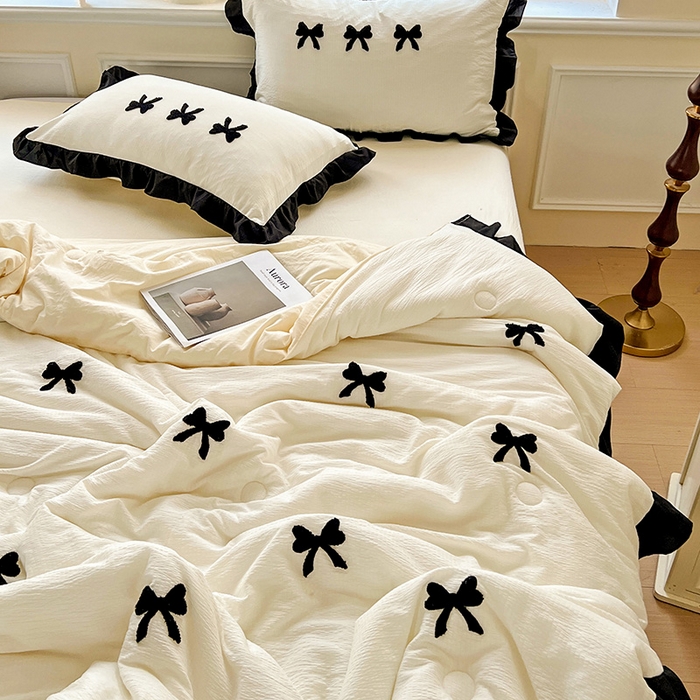 91家纺网 家纺一手货源 找家纺 梦之岛 2025新款韩版小泡泡水洗棉毛巾绣四件套-蝶梦 蝶梦蝴蝶结-奶白