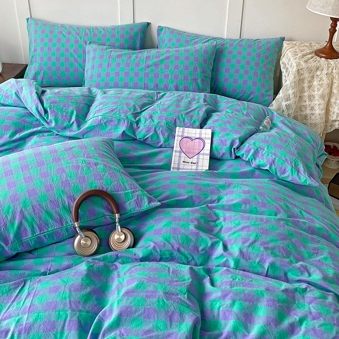 91家纺网 家纺一手货源 找家纺 大柏树 2025新款全棉水洗棉套件-床单四件套 绿紫中格