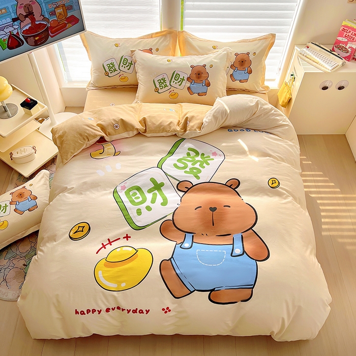 91家纺网 家纺一手货源 找家纺 2025新款原创设计卡皮巴拉全棉四件套-有作品登记证书 发财巴拉