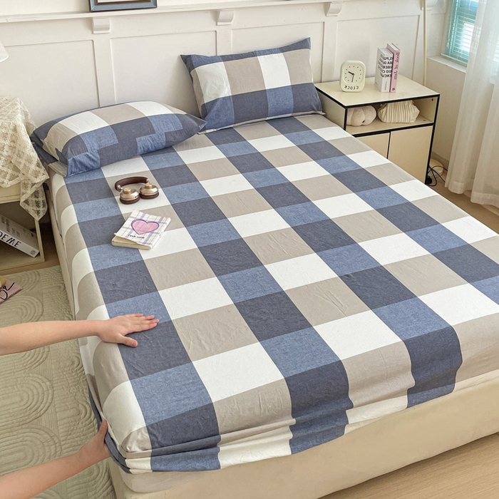 91家纺网 家纺一手货源 找家纺 2025新款全棉水洗棉套件-单床笠 蓝大格