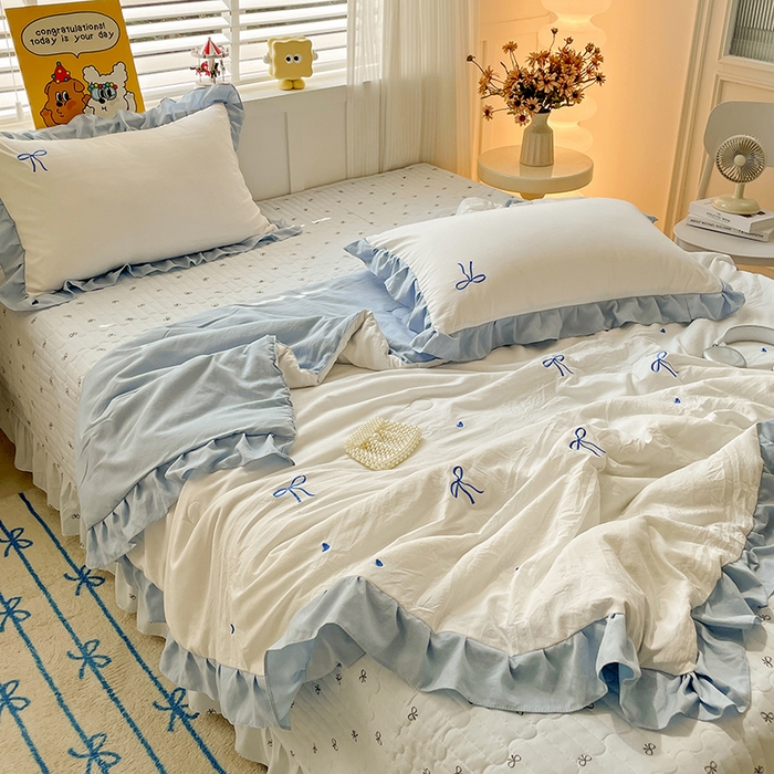 91家纺网 家纺一手货源 找家纺 （总）2025新款绣花双层纱针织棉夏被床盖四件套全棉夏被四件套