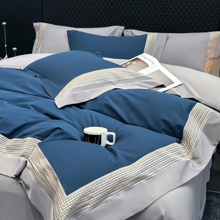 91家纺网 家纺一手货源 找家纺 皇寝世家家居 2025新款100支长绒棉磨毛四件套纯棉全棉冬保暖床单加厚床上被套-欧文系列 蓝灰