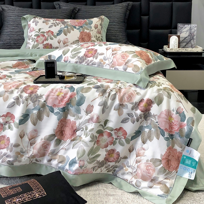 91家纺网 家纺一手货源 找家纺 若未家居 LOVEWE HOUSE 2025新款兰精天丝印花夏被及夏被四件套 玫瑰冰酿（床单款+床盖款）