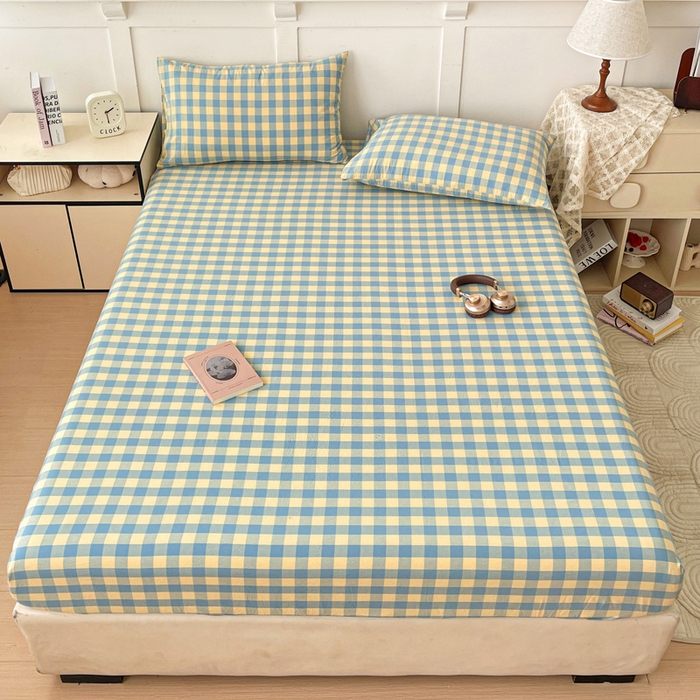 91家纺网 家纺一手货源 找家纺 2025新款全棉水洗棉套件-单床笠 蓝黄三分格