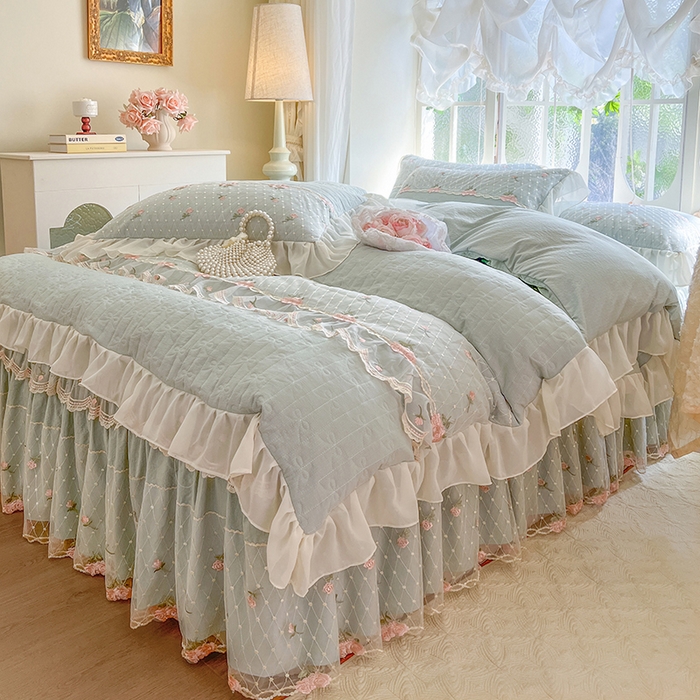 91家纺网 家纺一手货源 找家纺 网红馆（ck家纺） 2025新款优舒棉蕾丝花边床裙四件套-玛格丽 水绿