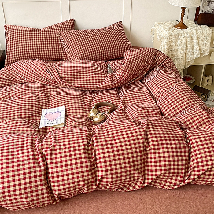 91家纺网 家纺一手货源 找家纺 大柏树 2025新款全棉水洗棉套件-床单四件套 云素红