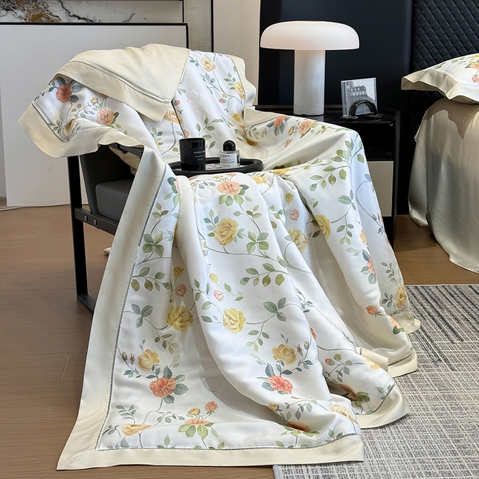 91家纺网 家纺一手货源 找家纺 若未家居 LOVEWE HOUSE 2025新款兰精天丝印花夏被及夏被四件套 奶酪玫瑰（床单款+床盖款）