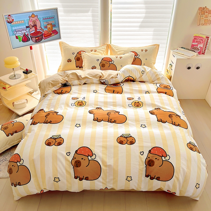 91家纺网 家纺一手货源 找家纺 2025新款原创设计卡皮巴拉全棉四件套-有作品登记证书 条纹巴拉