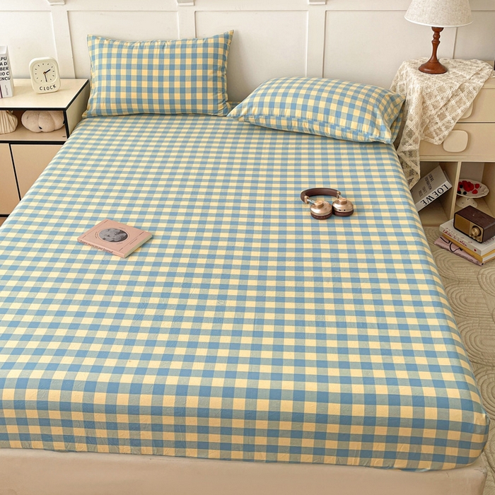 91家纺网 家纺一手货源 找家纺 2025新款全棉水洗棉套件-单床笠 蓝黄三分格