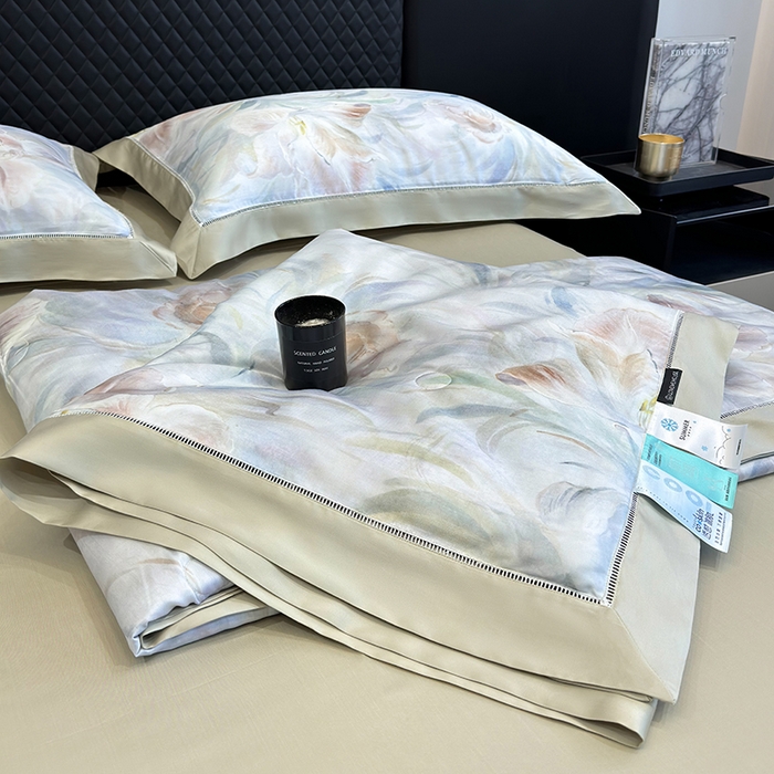 91家纺网 家纺一手货源 找家纺 若未家居 LOVEWE HOUSE 2025新款兰精天丝印花夏被及夏被四件套 粉墨华羽（床单款+床盖款）