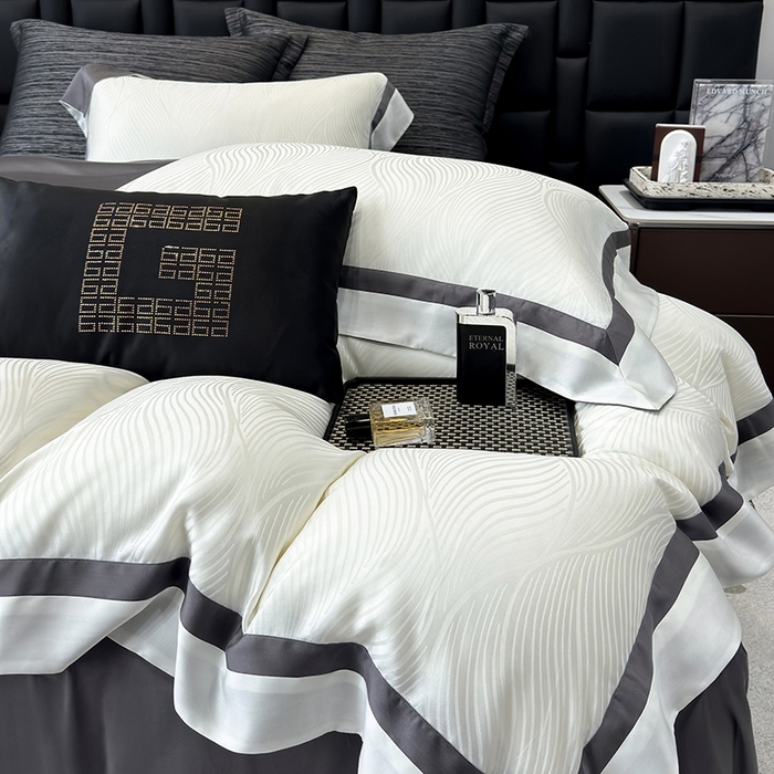 91家纺网 家纺一手货源 找家纺 若未家居 LOVEWE HOUSE 2025新款天丝提花套件撞色轻奢风四件套-天丝布拉格 天丝布拉格 奶昔白