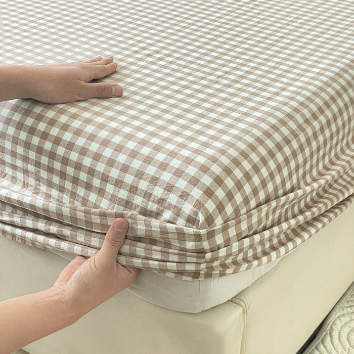 91家纺网 家纺一手货源 找家纺 2025新款全棉水洗棉套件-单床笠 米小格