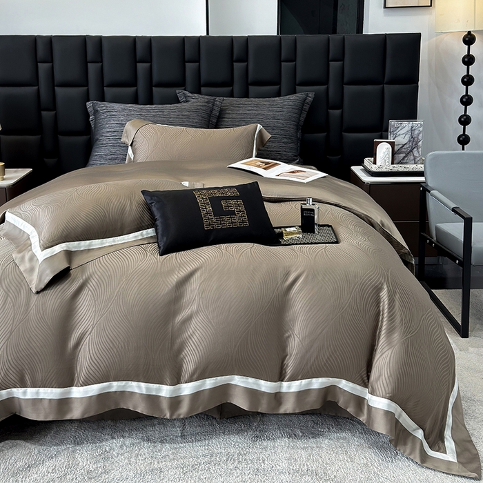 91家纺网 家纺一手货源 找家纺 若未家居 LOVEWE HOUSE 2025新款天丝提花套件撞色轻奢风四件套-天丝布拉格 天丝布拉格 美拉德棕