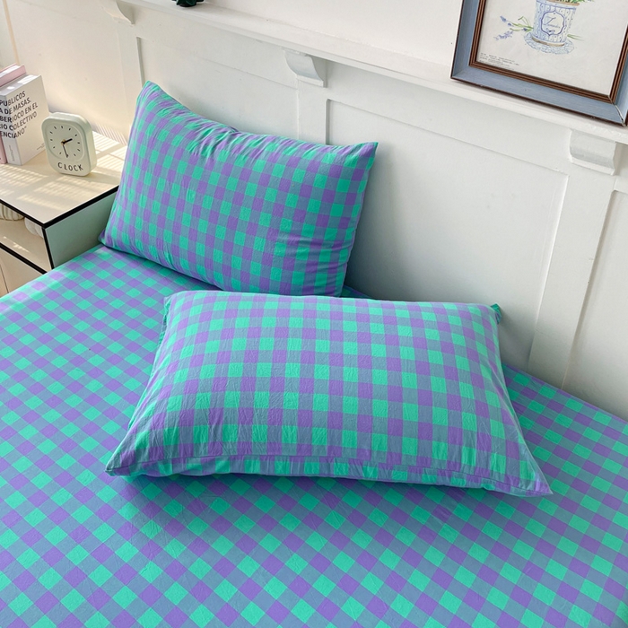 91家纺网 家纺一手货源 找家纺 2025新款全棉水洗棉套件-单床笠 绿紫中格