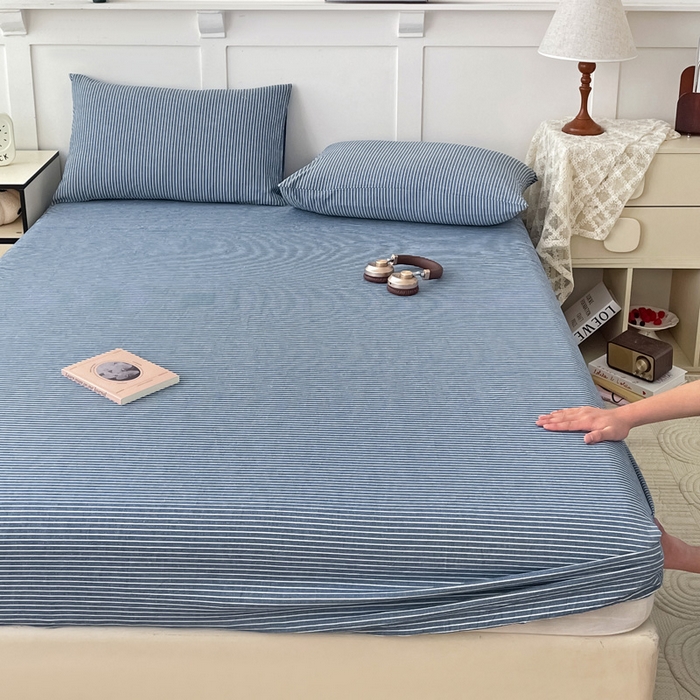 91家纺网 家纺一手货源 找家纺 2025新款全棉水洗棉套件-单床笠 蓝细条