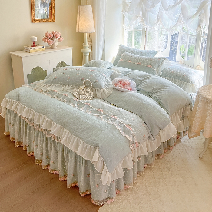 91家纺网 家纺一手货源 找家纺 网红馆（ck家纺） 2025新款优舒棉蕾丝花边床裙四件套-玛格丽 水绿