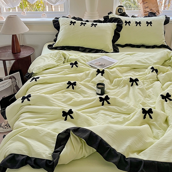 91家纺网 家纺一手货源 找家纺 梦之岛 2025新款韩版小泡泡水洗棉毛巾绣四件套-蝶梦 蝶梦蝴蝶结-绿