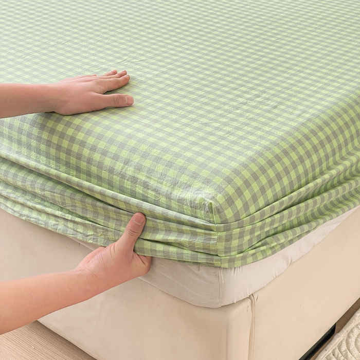 91家纺网 家纺一手货源 找家纺 2025新款全棉水洗棉套件-单床笠 艾莎绿小格