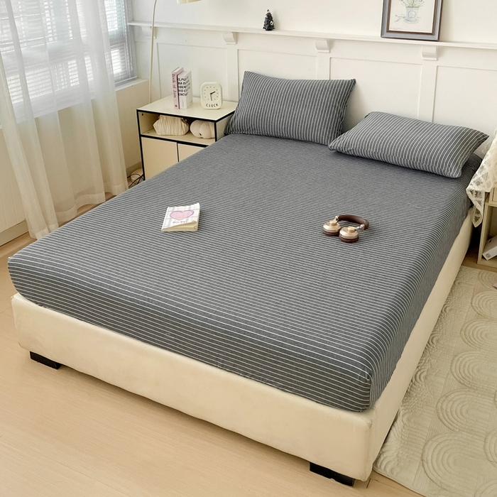 91家纺网 家纺一手货源 找家纺 2025新款全棉水洗棉套件-单床笠 灰细条