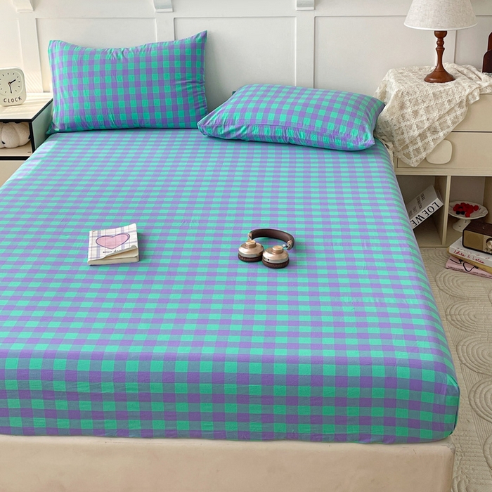 91家纺网 家纺一手货源 找家纺 2025新款全棉水洗棉套件-单床笠 绿紫中格