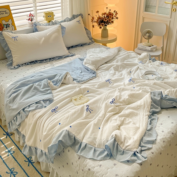 91家纺网 家纺一手货源 找家纺 （总）2025新款绣花双层纱针织棉夏被床盖四件套全棉夏被四件套