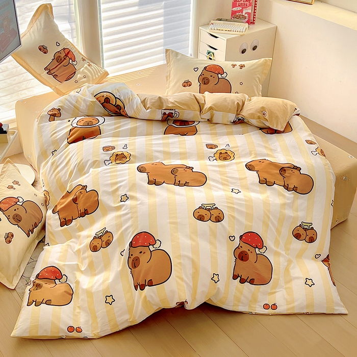 91家纺网 家纺一手货源 找家纺 2025新款原创设计卡皮巴拉全棉四件套-有作品登记证书 条纹巴拉